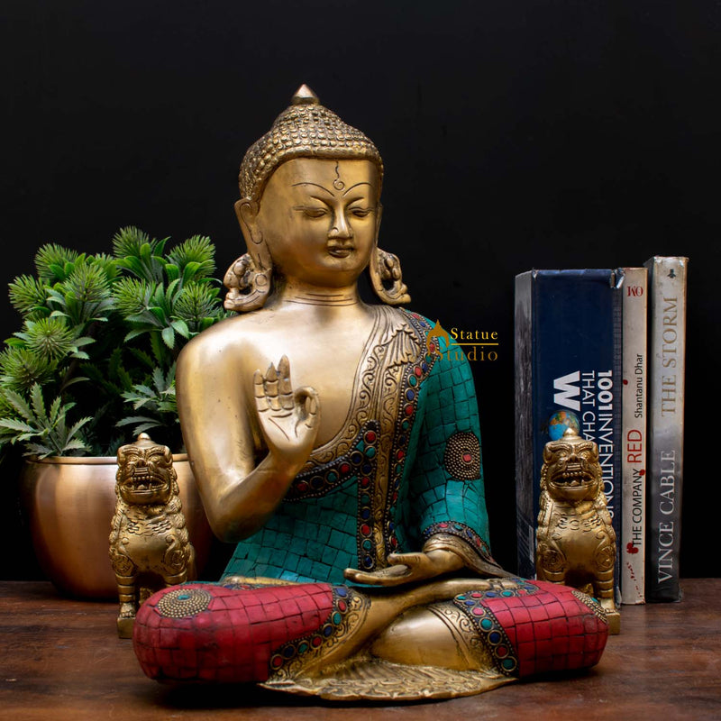 Brass Blessing Buddha Statue Stone Work Showpiece For Home Decor Gift 1 Feet