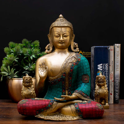 Brass Blessing Buddha Statue Stone Work Showpiece For Home Decor Gift 1 Feet - 460735