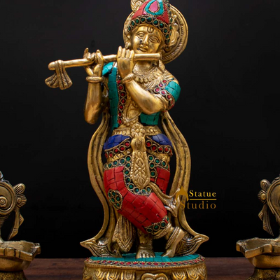 Brass Standing Krishna Idol Home Temple Religious Décor Lucky Gift Statue 12"