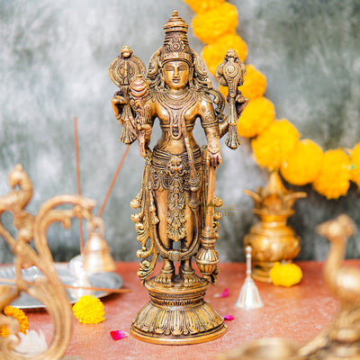 Antique Brass Vishnu Standing Idol Murti Religious Décor Lucky Gift Statue 13" - 460761