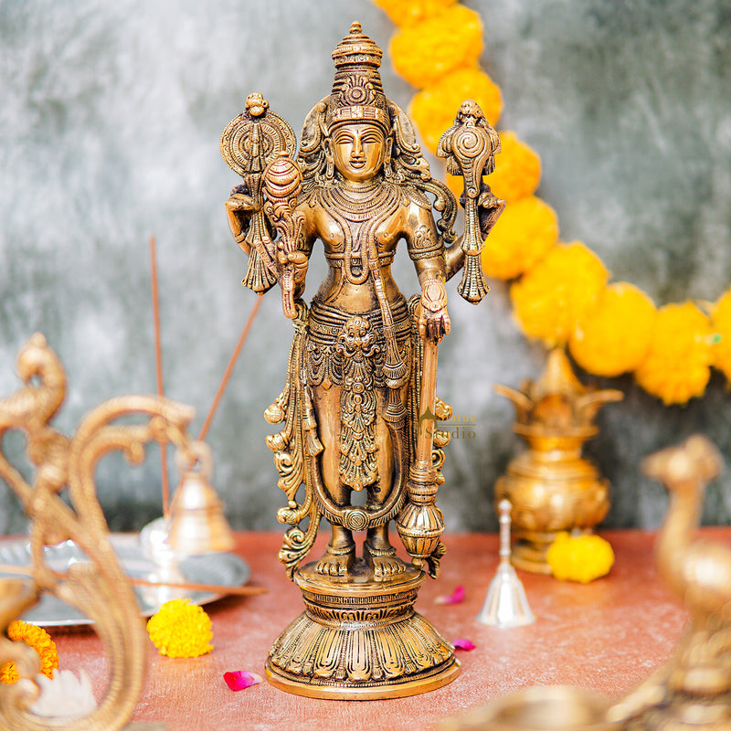 Antique Brass Vishnu Standing Idol Murti Religious Décor Lucky Gift Statue 13" - 460761
