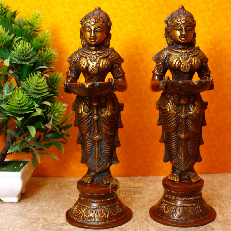 Brass Standing Deep Lady DeepLakshmi Idol Pair For Home Temple Pooja Room Diwali Décor Statue 9"