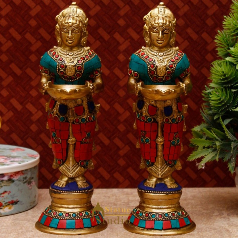 Brass Standing Deep Lady DeepLakshmi Idol Pair For Home Temple Pooja Room Diwali Décor Statue 9"