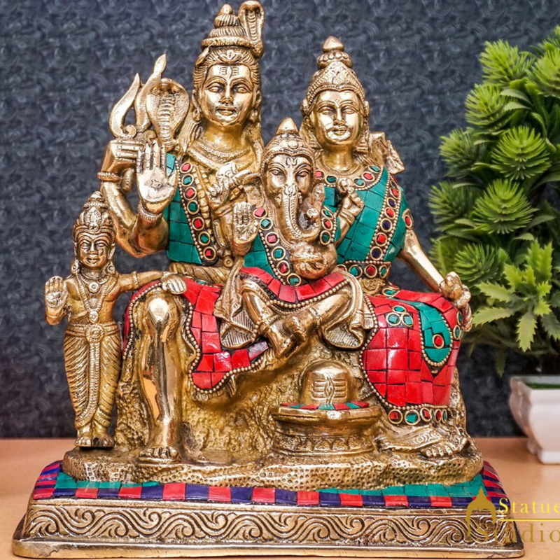 Brass Shiva Family With Parvati Ganesh Karthik Idol For Home Pooja Decor 9.5"