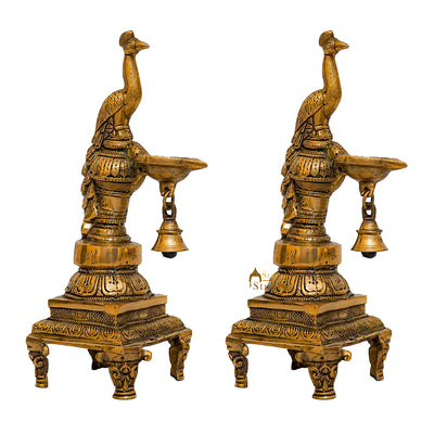 Brass Antique Peacock Bird Diya For Home Puja Diwali Festive Décor 10"