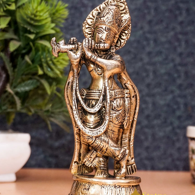 Brass Antique Lord Krishna Idol Showpiece For Home Pooja Décor Gift Statue 5.5"