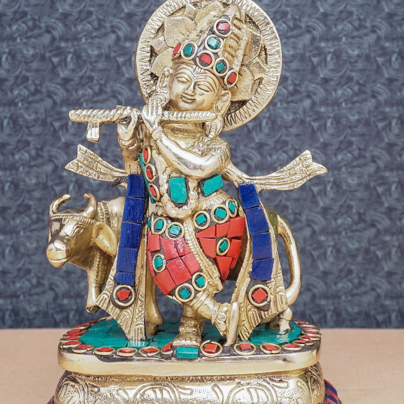 Brass Krishna With Cow Idol Home Office Desk Décor Lucky Gift Statue 6"