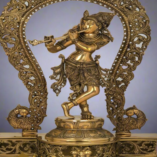 Brass Fine Krishna Idol Standing On Prabhavali Throne 2.5 Feet