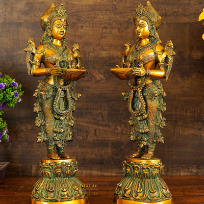 Brass Standing Deeplakshmi Pair Statue Showpiece For Home Temple Diwali Décor