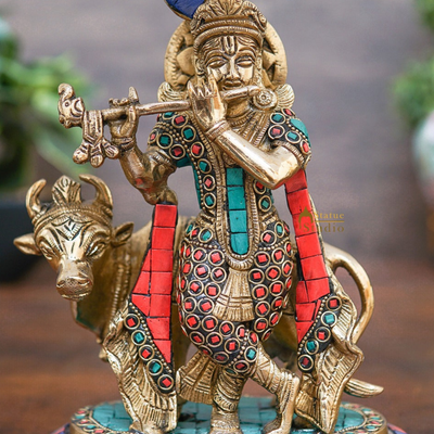 Brass Krishna With Cow Idol Home Table Pooja Décor Statue Gift Showpiece 8"