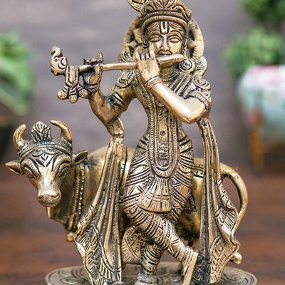 Brass Krishna Statue With Cow Idol Home Table Pooja Décor Statue Gift Showpiece 8"