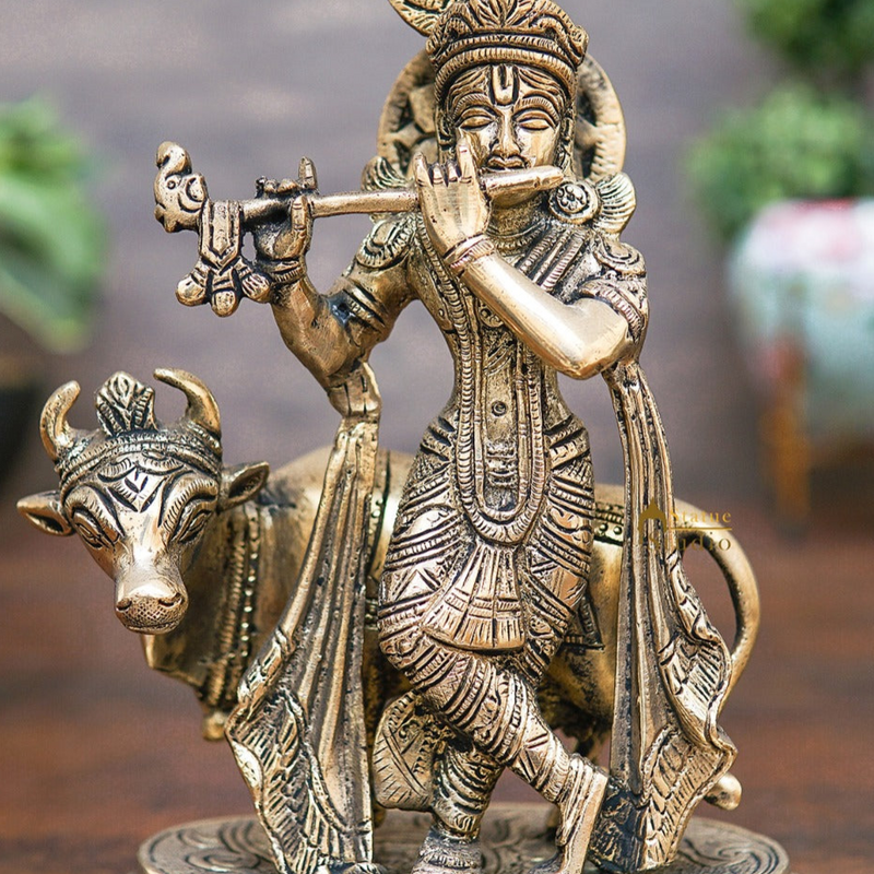 Brass Krishna Statue With Cow Idol Home Table Pooja Décor Statue Gift Showpiece 8"