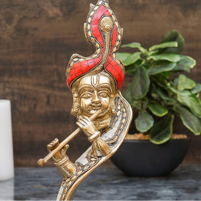 Brass Designer Krishna Face Idol Home Office Diwali Décor Gift Showpiece 13"