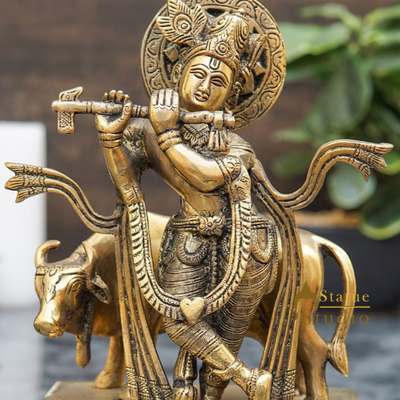 Brass Antique Krishna With Cow Idol For Home Office Desk Table Décor Gift Statue 9"