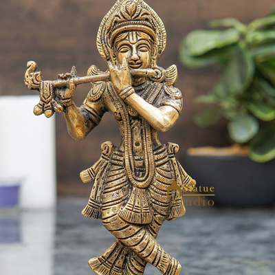 Brass Antique Krishna Idol For Home Office Desk Table Décor Gift Statue 8.5"