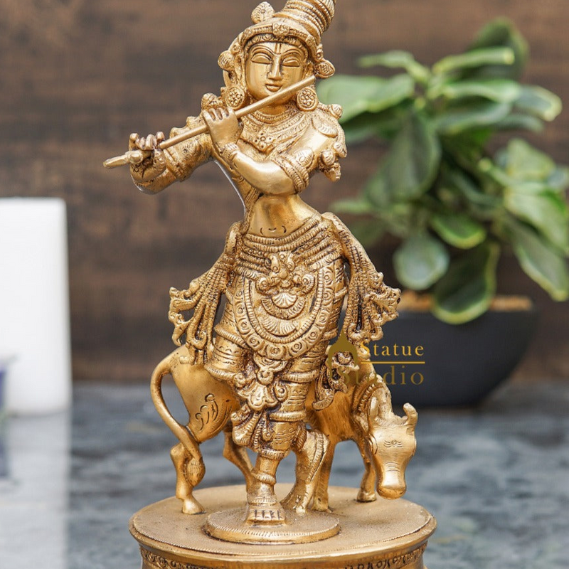 Brass Antique Krishna Statue with Cow 10" by StatueStudio