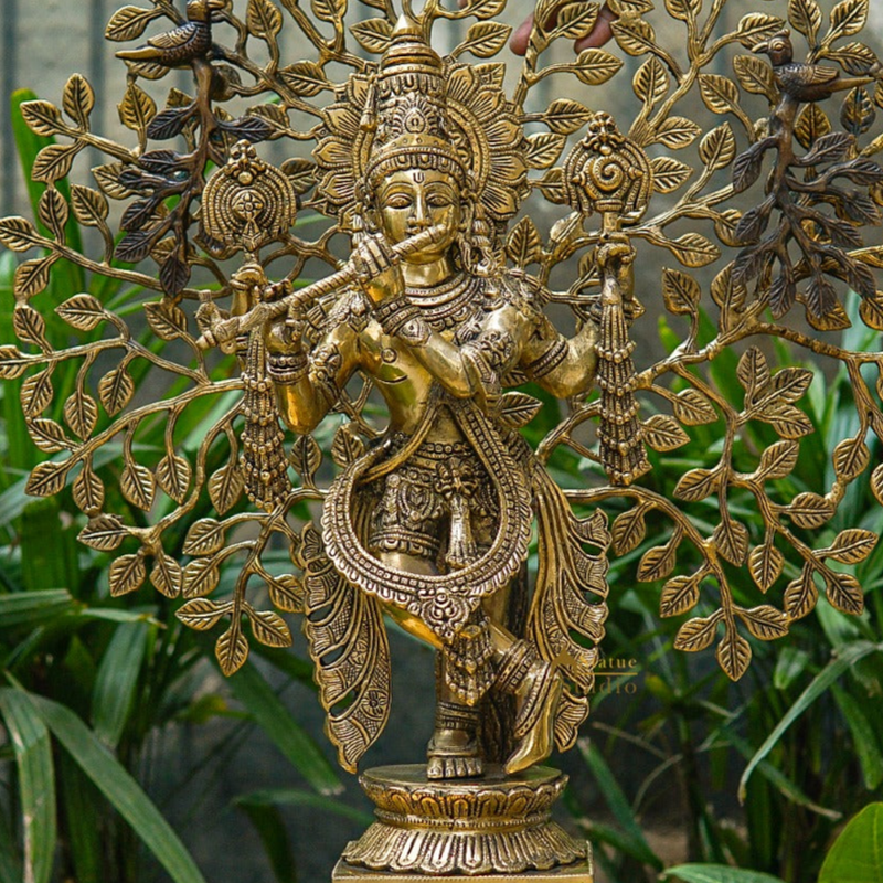 Brass Standing Krishna Idol with Tree 22" by StatueStudio