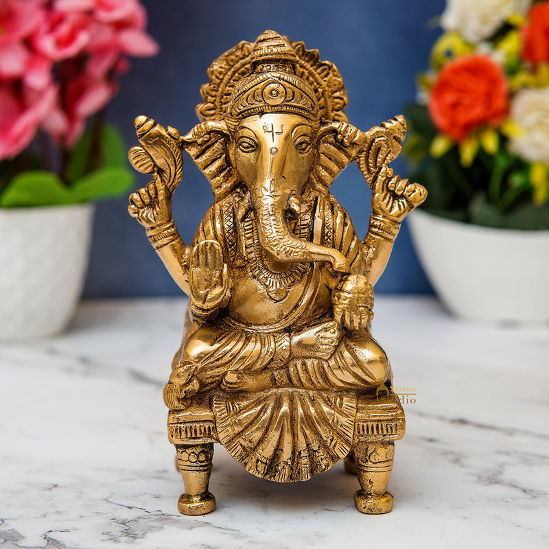 Brass Handicraft Lord Ganesha Statue For Home Decor 6" - 462335