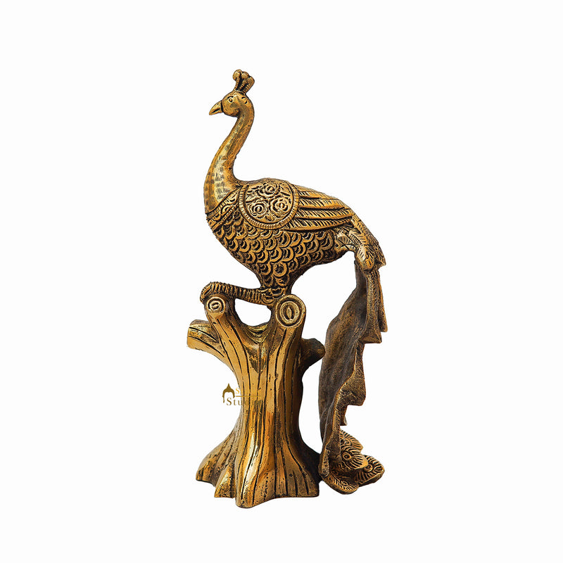 Brass Antique Peacock On Tree Showpiece Decorative For table Decor 8.5"