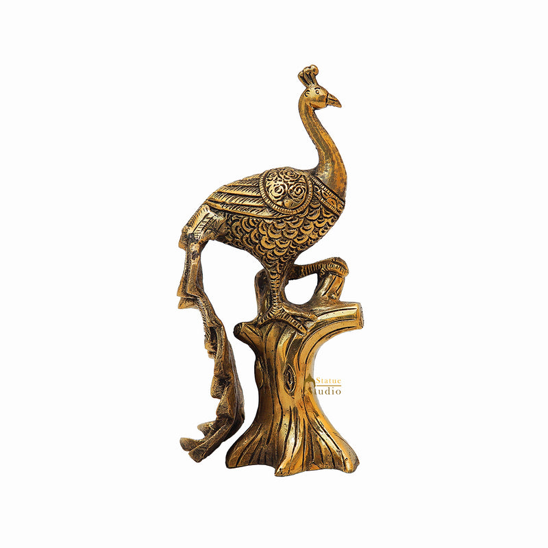 Brass Antique Peacock On Tree Showpiece Decorative For table Decor 8.5"