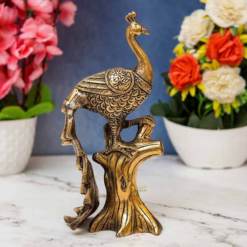 Brass Antique Peacock On Tree Showpiece Decorative For table Decor 8.5"