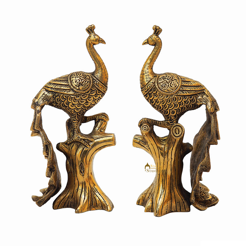 Brass Antique Peacock Pair On Tree Showpiece Decorative For table Decor 8.5"