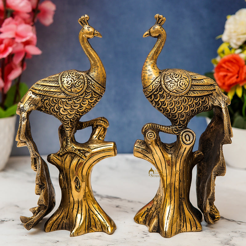 Brass Antique Peacock Pair On Tree Showpiece Decorative For table Decor 8.5"