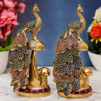 Brass Peacock Pair On Tree Stone Showpiece Decorative For table Decor 8" - SKU - 462346