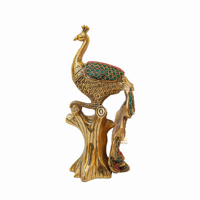 Brass Peacock On Tree With Stone Work Showpiece For Table Decor 8"