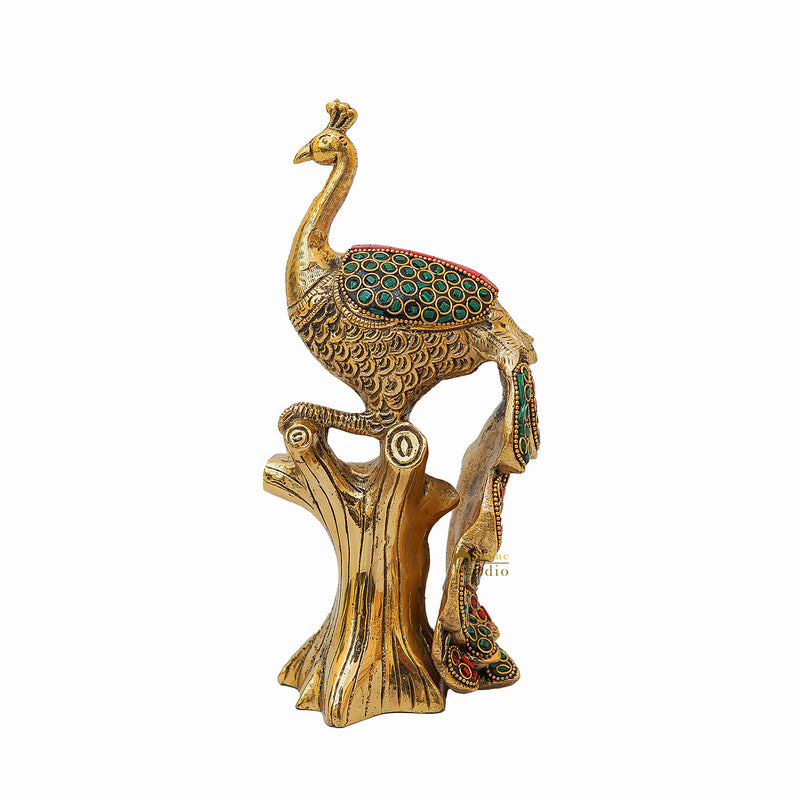 Brass Peacock On Tree With Stone Work Showpiece For Table Decor 8"