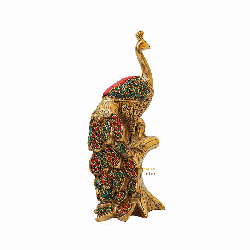 Brass Peacock On Tree With Stone Work Showpiece For Table Decor 8"