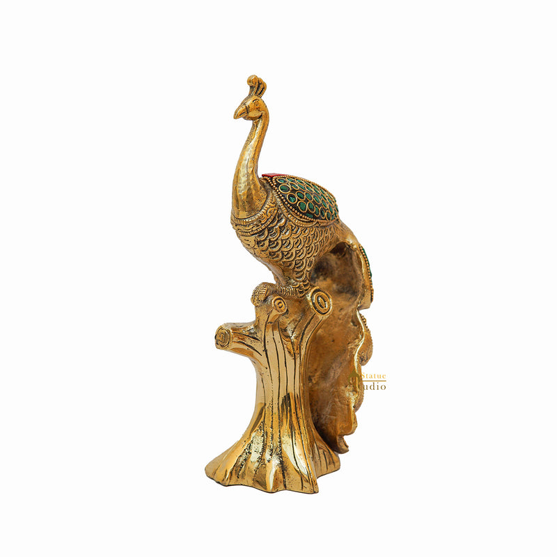 Brass Peacock On Tree With Stone Work Showpiece For Table Decor 8"