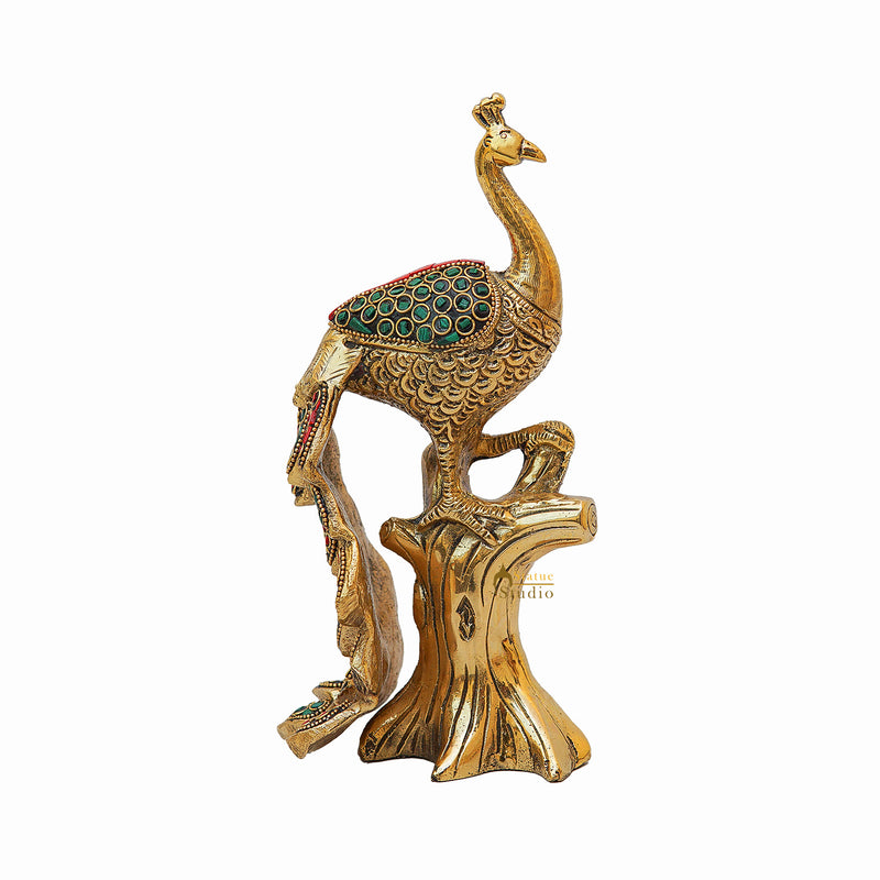 Brass Peacock On Tree With Stone Work Showpiece For Table Decor 8"