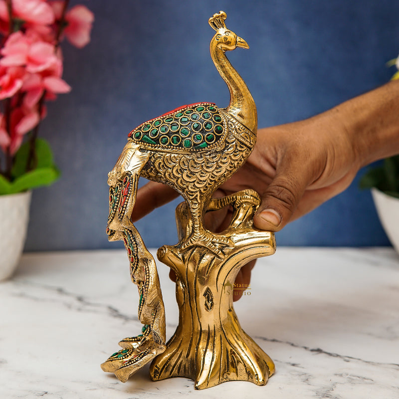 Brass Peacock On Tree With Stone Work Showpiece For Table Decor 8"