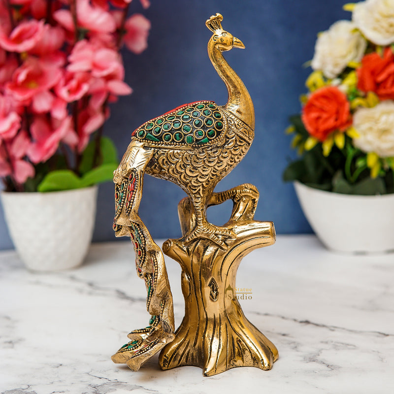 Brass Peacock On Tree With Stone Work Showpiece For Table Decor 8"