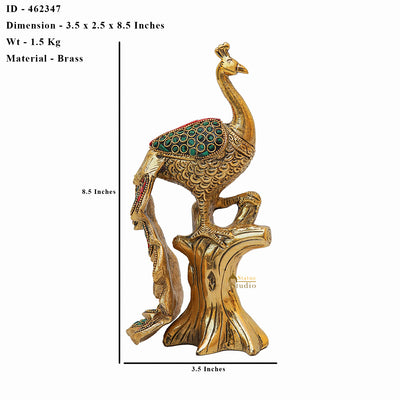 Brass Peacock On Tree With Stone Work Showpiece For Table Decor 8"