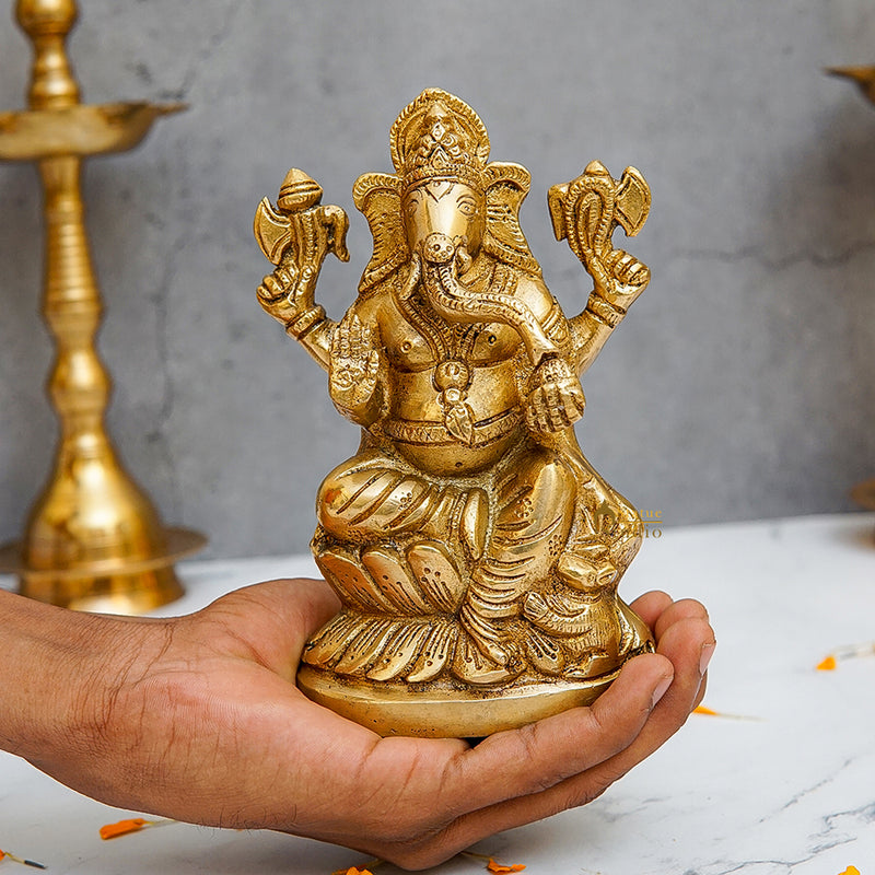 Brass Ganesha Idol Sitting On Lotus Base 5.5 Inch