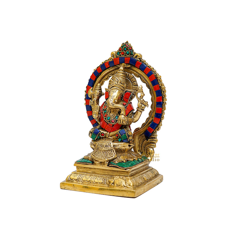 Brass Sitting Ganesha Statue With Frame Stone Work 7 Inch