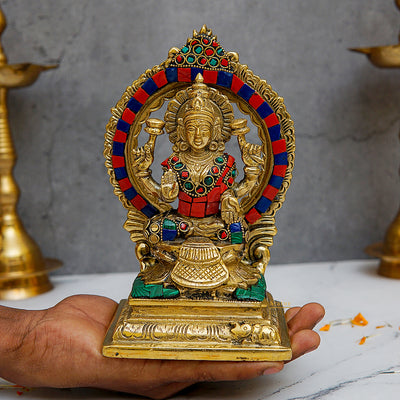 Brass Goddess Lakshmi Statue Stone Work 7 Inch