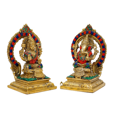 Brass Ganesha Lakshmi Idols Stone Work For Diwali Decor 6 Inch