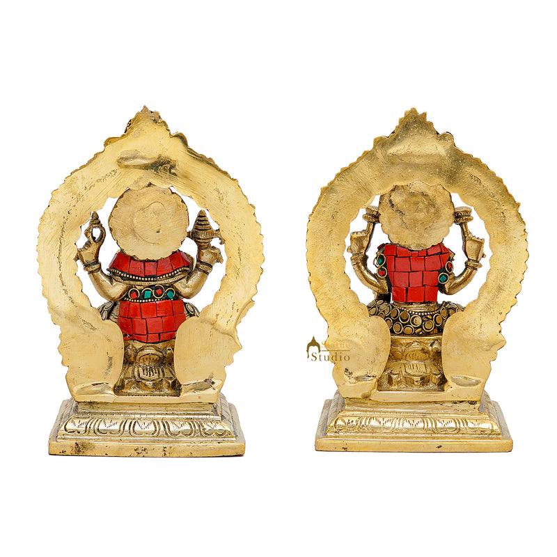 Brass Ganesha Lakshmi Idols Stone Work For Diwali Decor 6 Inch