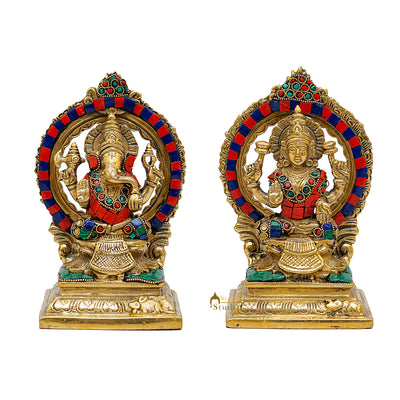 Brass Ganesha Lakshmi Idols Stone Work For Diwali Decor 6 Inch