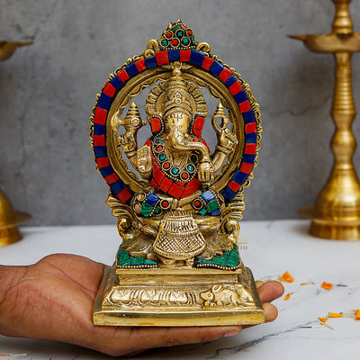 Brass Ganesha Lakshmi Idols Stone Work For Diwali Decor 6 Inch