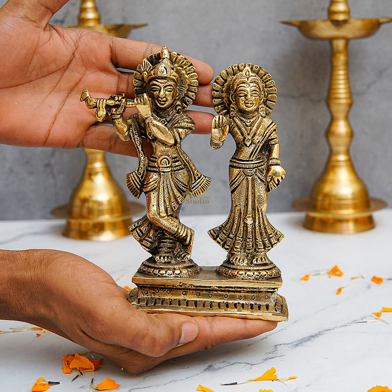 Brass Small Radha Krishna Idol Antique Finish 6 Inch