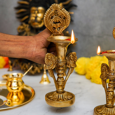 Brass Diya Oil Lamp For Home Temple Religious Decor Showpiece 8 Inch