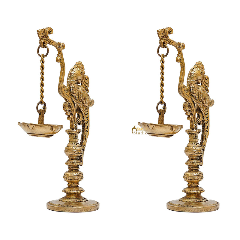 Brass Antique Bird Diya Pair For Pooja Room Decor 8"