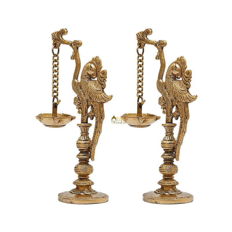 Brass Antique Bird Diya Pair For Pooja Room Decor 8"