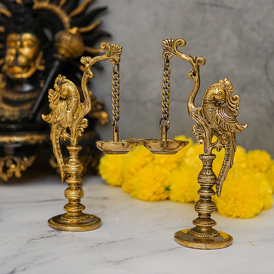 Brass Antique Bird Diya Pair For Pooja Room Decor 8" - SKU - 462464