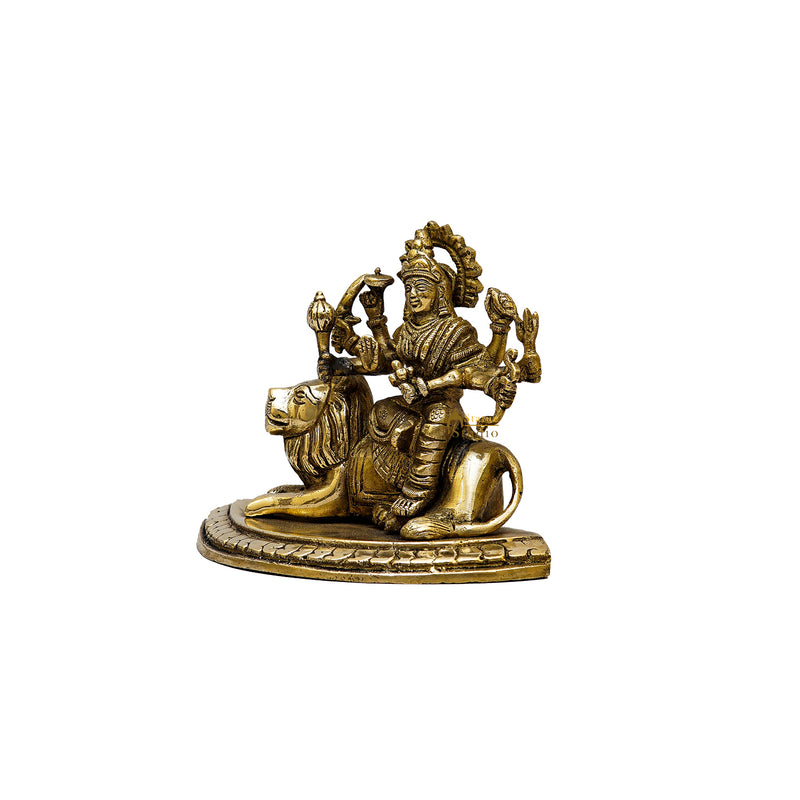 Brass Goddess Durga Statue With Sitting Lion 4.5 Inch