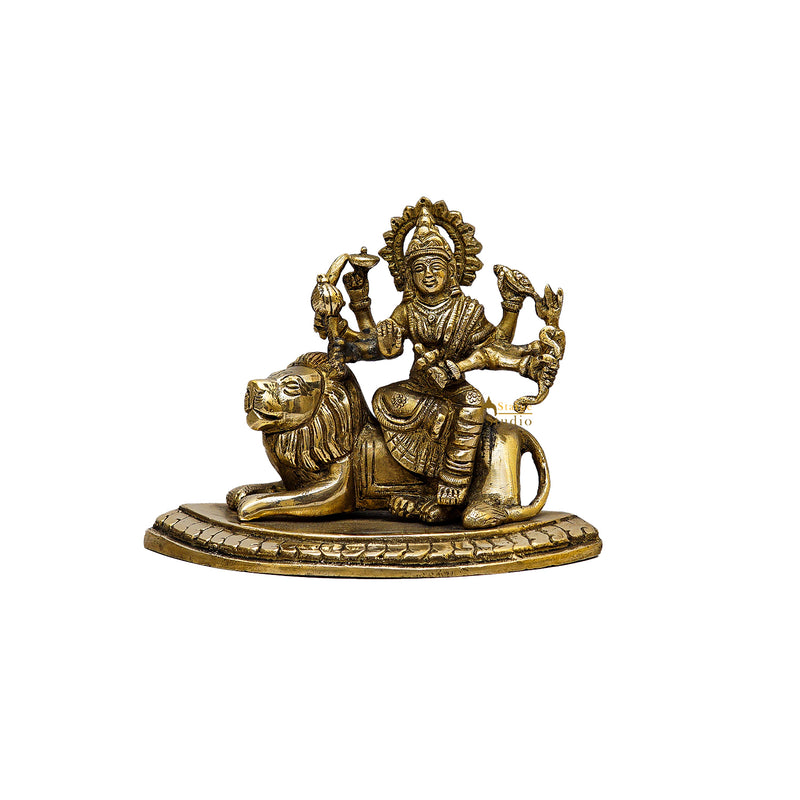 Brass Goddess Durga Statue With Sitting Lion 4.5 Inch